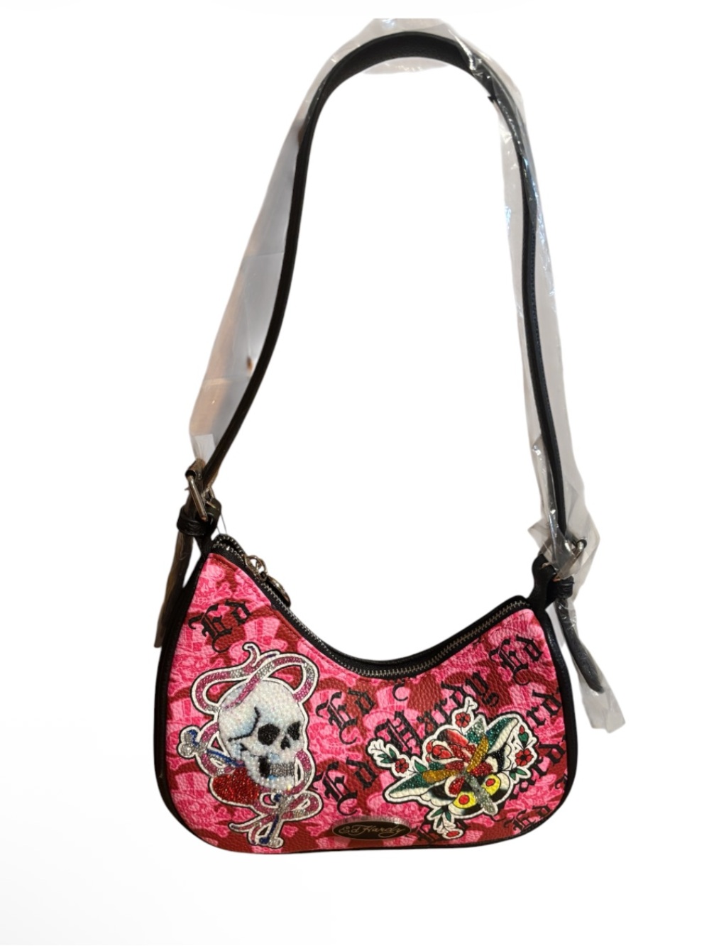 💀NWT Ed Hardy Pink/ Black Skull Rhinestone embellished Shoulder Bag 💀